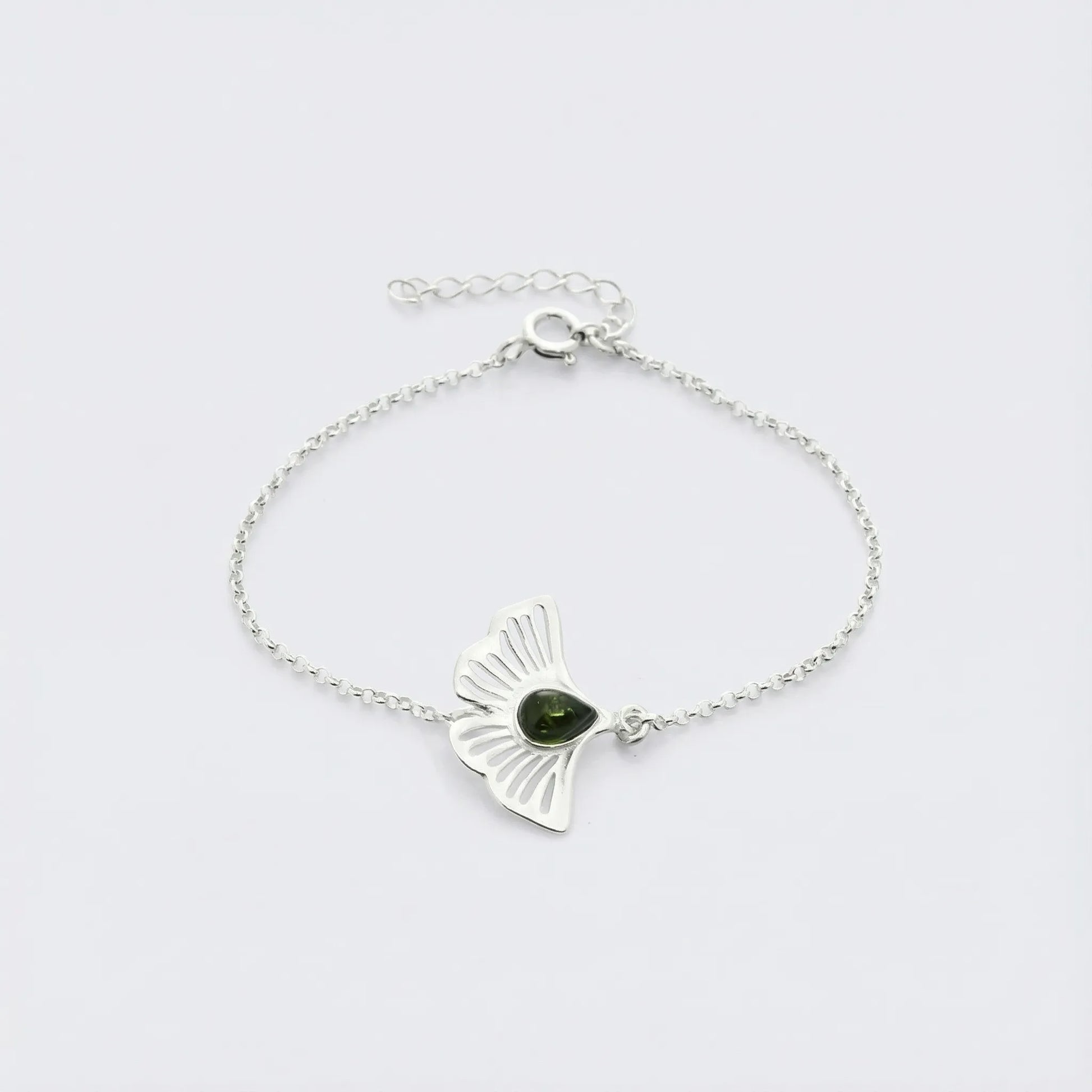 Bracelet gingko ambre vert en argent rhodié 925