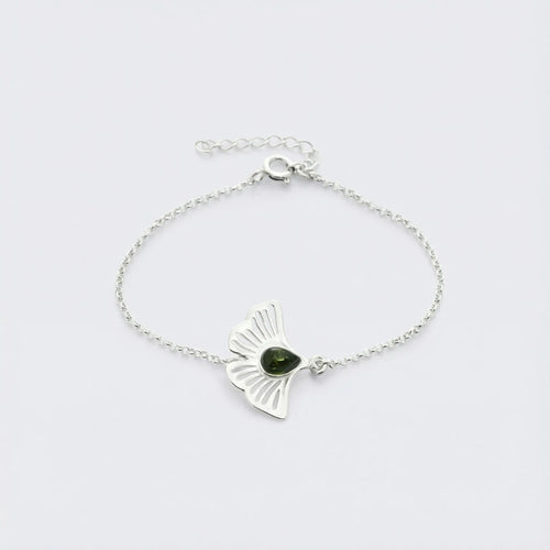 Bracelet gingko ambre vert en argent rhodié 925