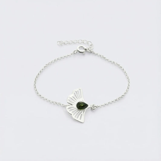 Bracelet gingko ambre vert en argent rhodié 925