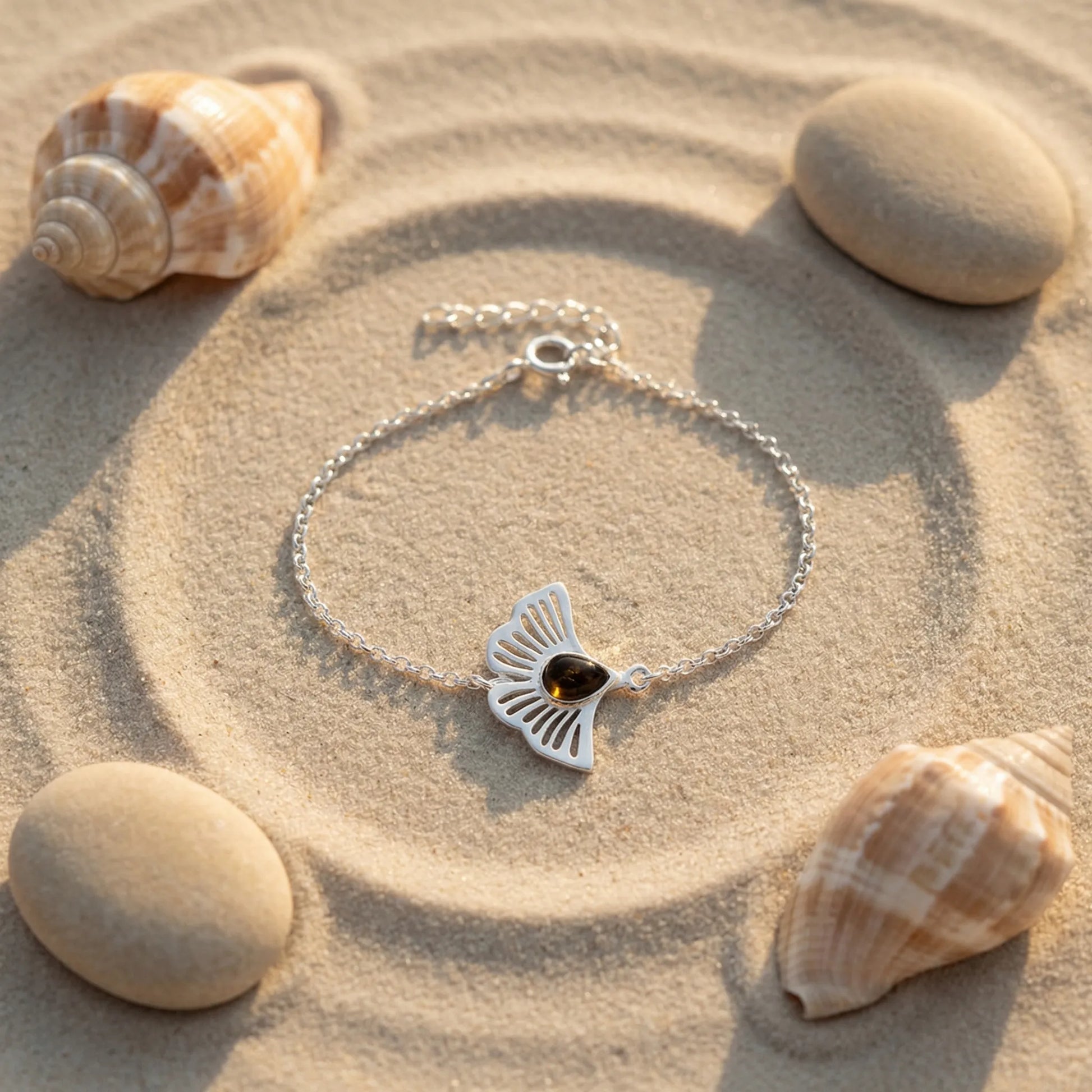 Bracelet ginkgo ambre vert en argent rhodié 925 modèle 5AVR - zoom