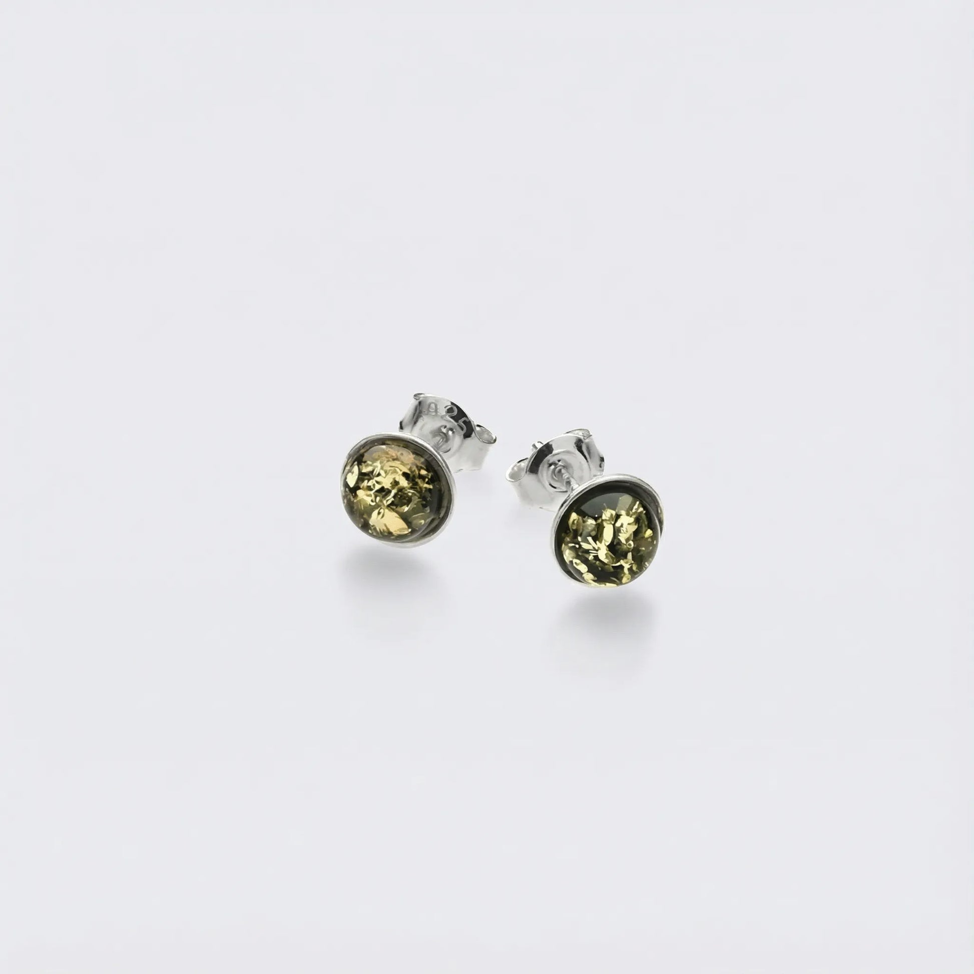 Clous d'oreilles ambre vert naturel rond en argent rhodié 925