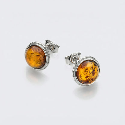 Boucles d'oreilles ambre cognac ronde argent rhodié 925
