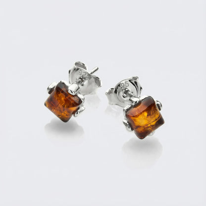 Boucles d'oreilles ambre cognac carré argent rhodié 925