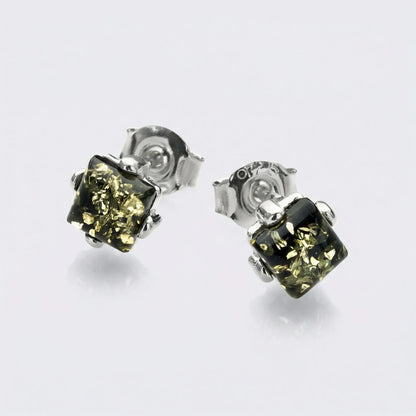 Boucles d'oreilles ambre vert Baltique carré argent rhodié