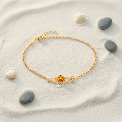 Bracelet ginkgo ambre cognac argent doré 925 modèle 01AD - zoom