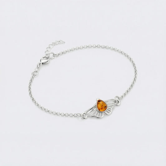 Bracelet ginkgo ambre cognac en argent rhodié 925
