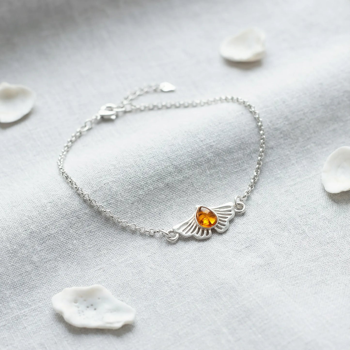 Bracelet ginkgo ambre cognac argent rhodié 925 modèle 01AR - zoom