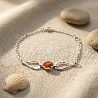 Bracelet ambre cognac ovale argent rhodié 925 modèle 02AR - zoom