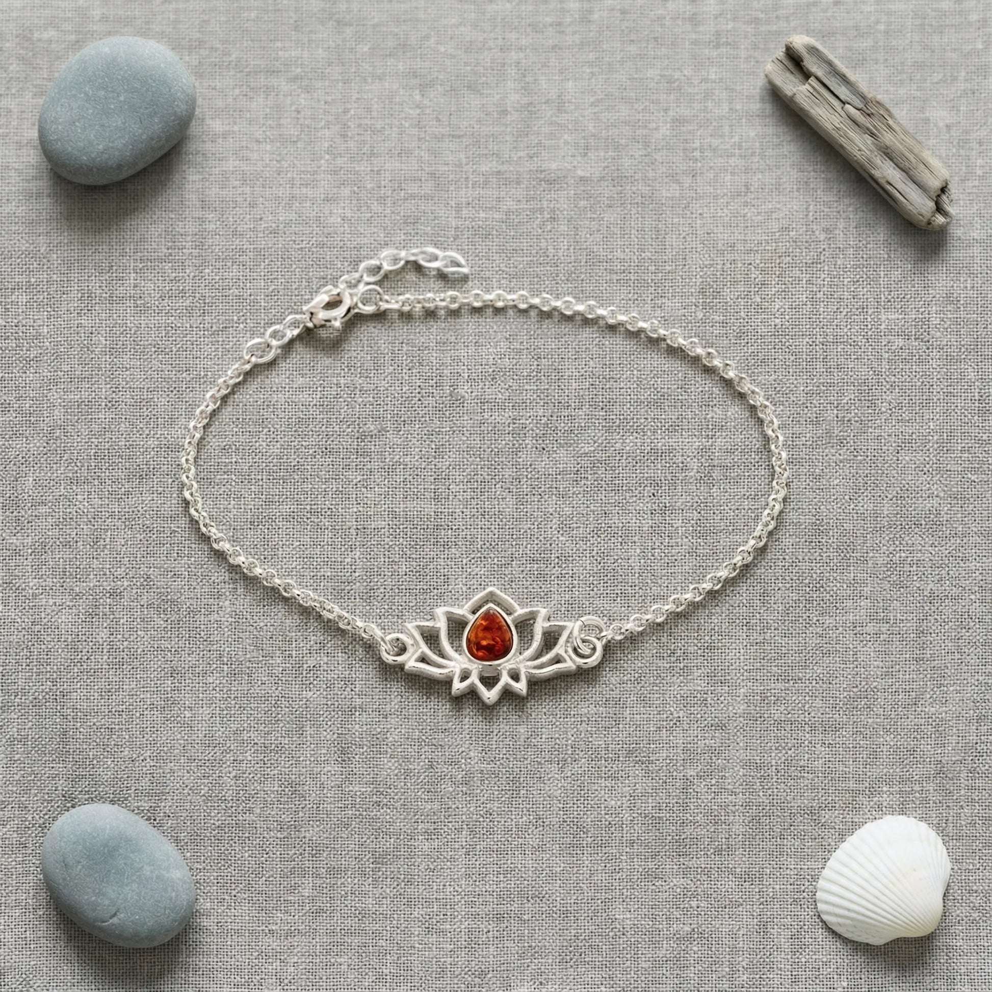 Bracelet lotus ambre cognac argent rhodié 925 modèle 15AR - zoom