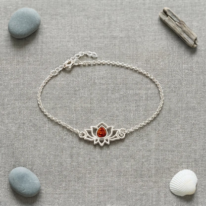 Bracelet lotus ambre cognac argent rhodié 925 modèle 15AR - zoom