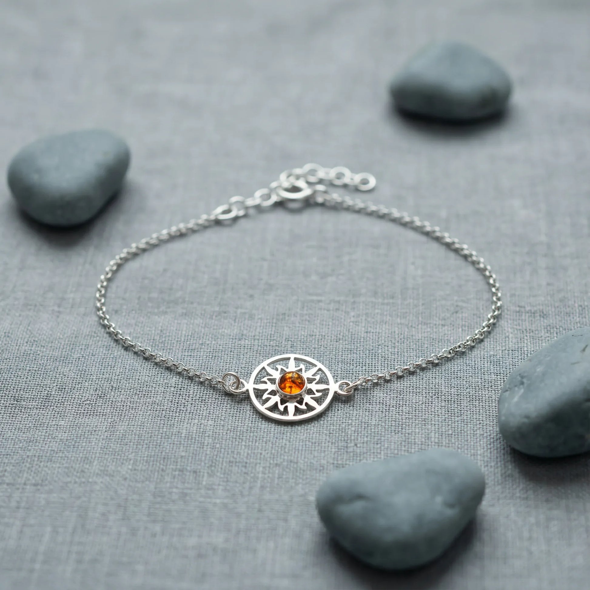 Bracelet soleil ambre cognac en argent rhodié 925 modèle - zoom