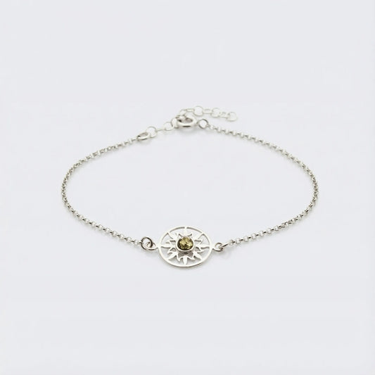 Bracelet soleil ambre vert rond en argent rhodié 925