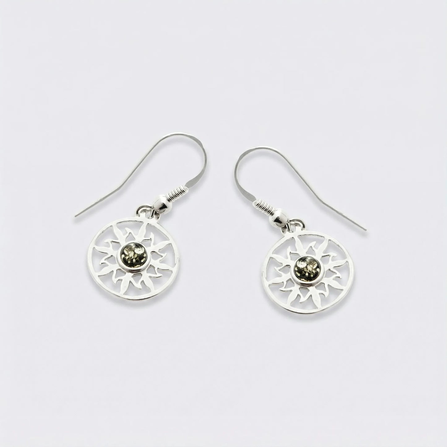 Boucles d'oreilles soleil ambre vert naturel en argent rhodié 925