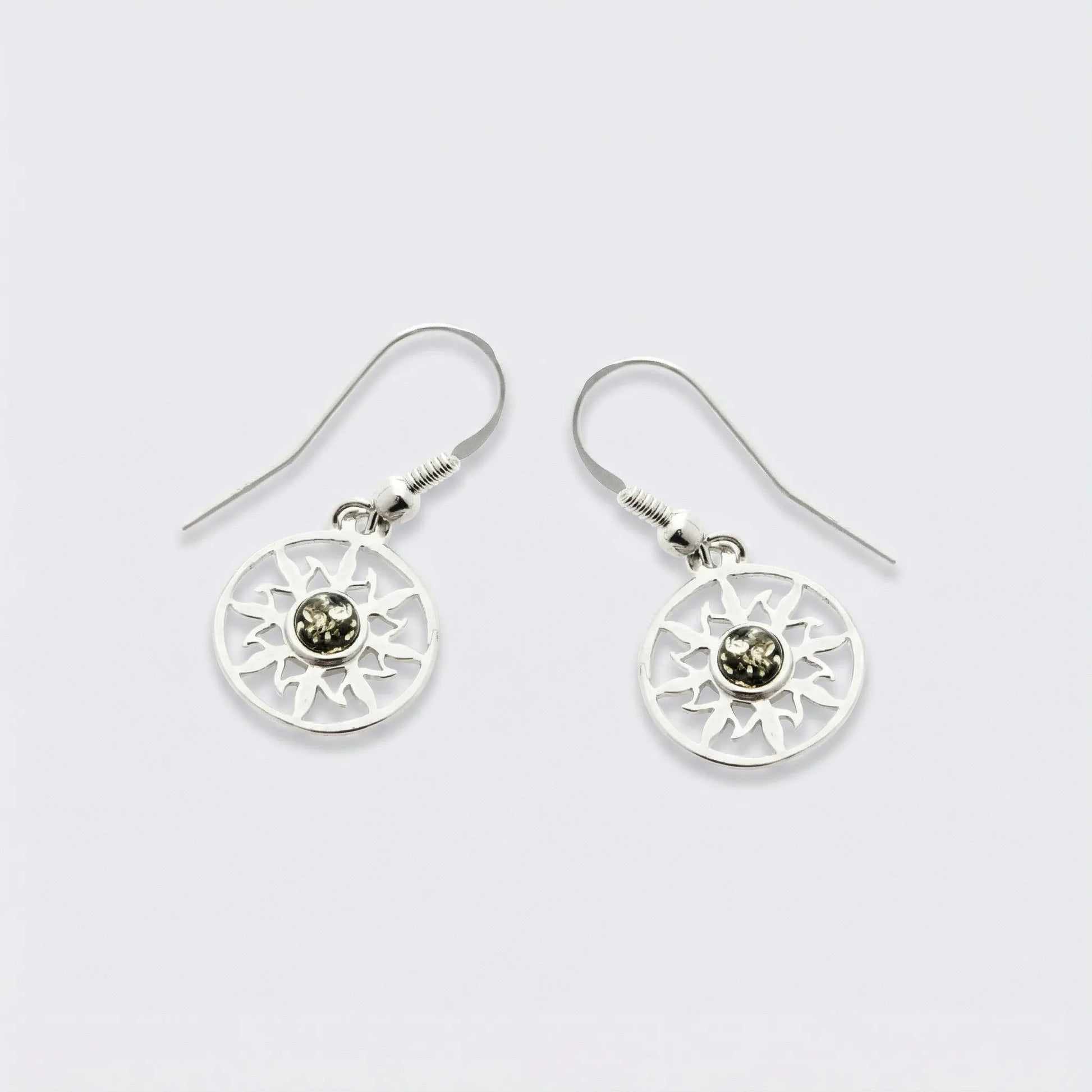 Boucles d'oreilles soleil ambre vert naturel en argent rhodié 925