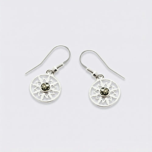 Boucles d'oreilles soleil ambre vert naturel en argent rhodié 925