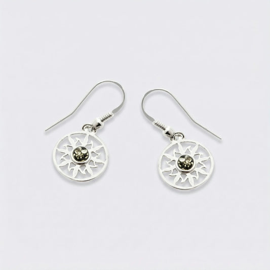 Boucles d'oreilles soleil ambre vert naturel en argent rhodié 925
