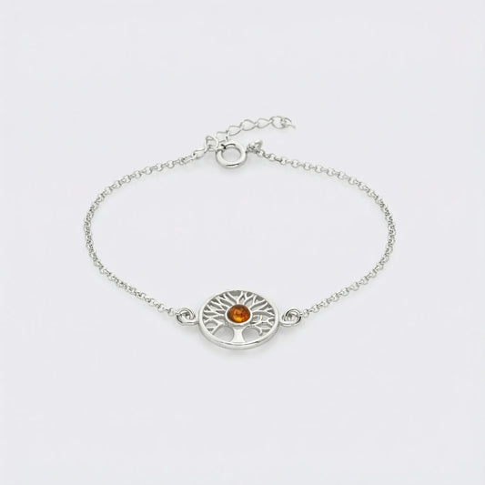 Bracelet ambre cognac arbre de vie 17 cm argent rhodié 925
