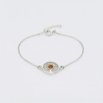Bracelet arbre de vie ambre cognac en argent rhodié 925