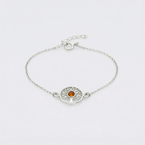 Bracelet arbre de vie ambre cognac en argent rhodié 925