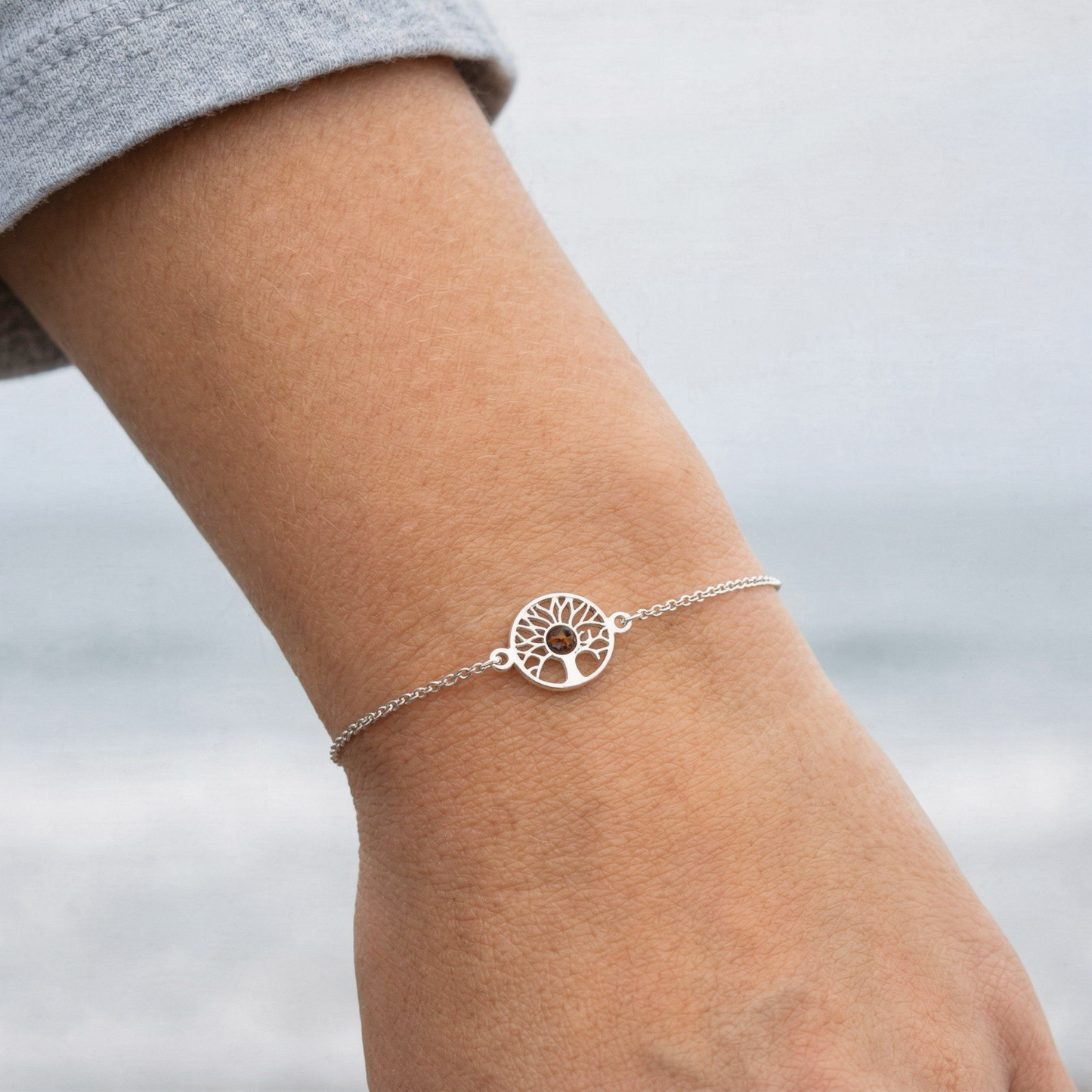 Bracelet ambre cognac arbre de vie 17 cm argent rhodié 925 - vue detail