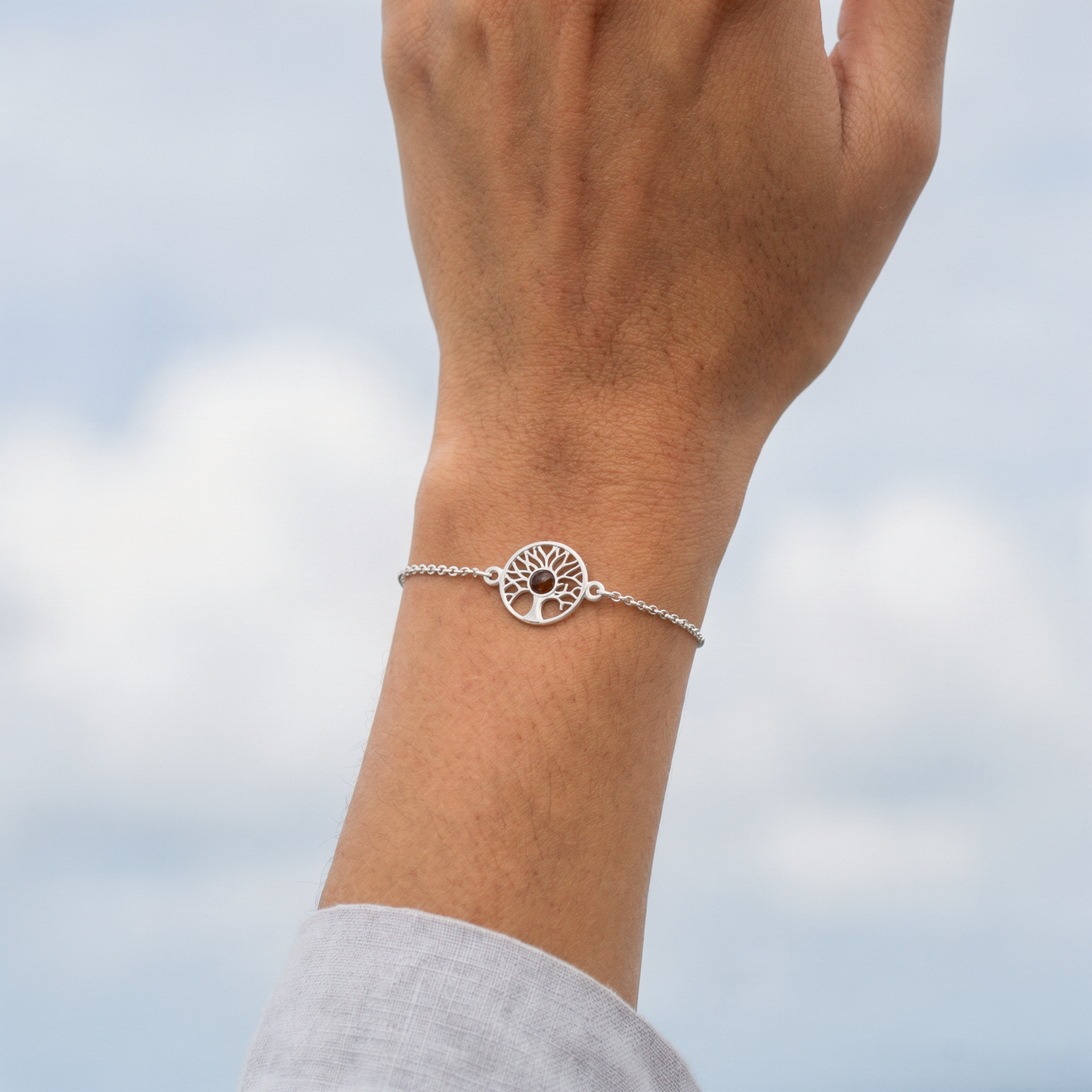 Bracelet ambre cognac arbre de vie 17 cm argent rhodié 925 - porte