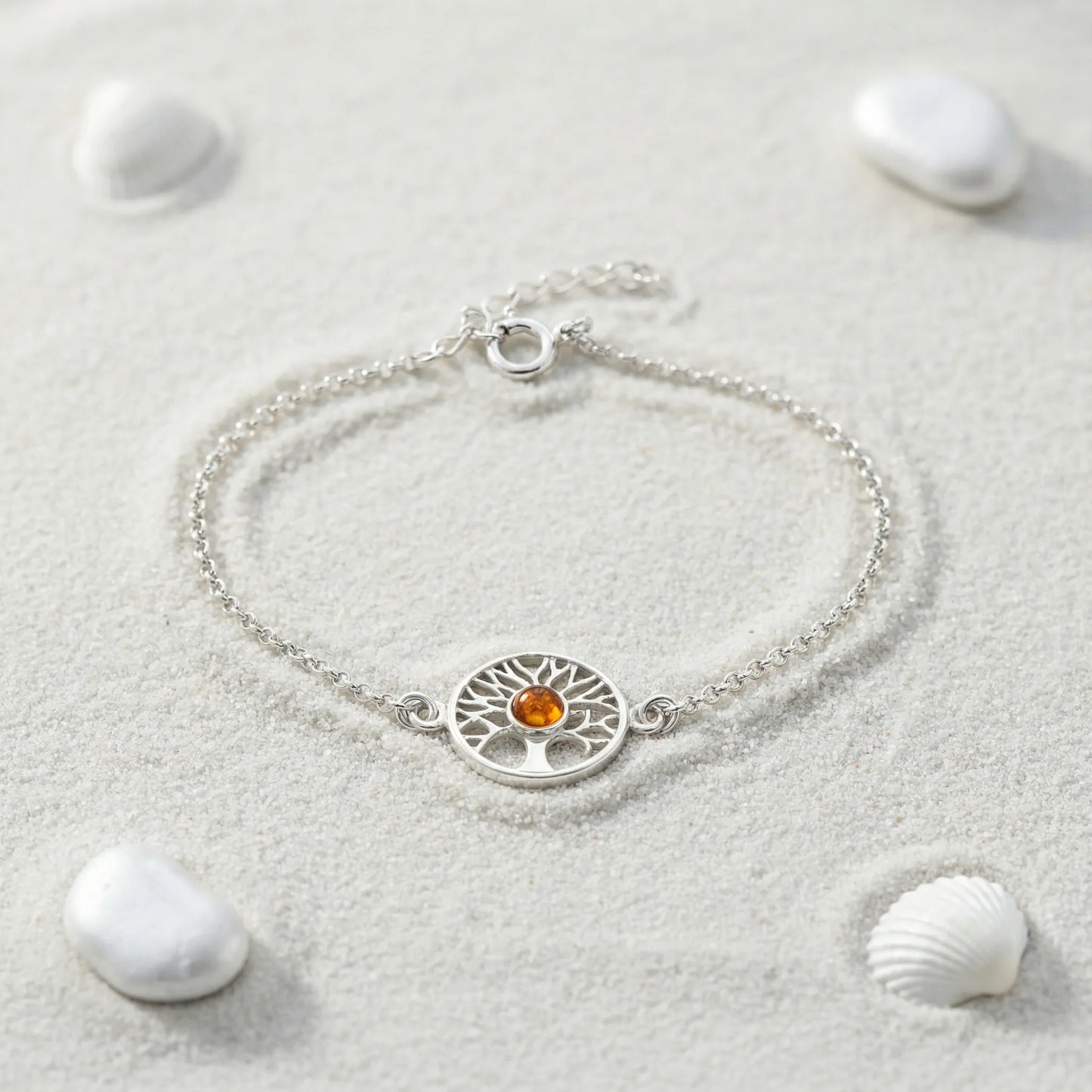 Bracelet ambre cognac arbre de vie 17 cm argent rhodié 925 - zoom