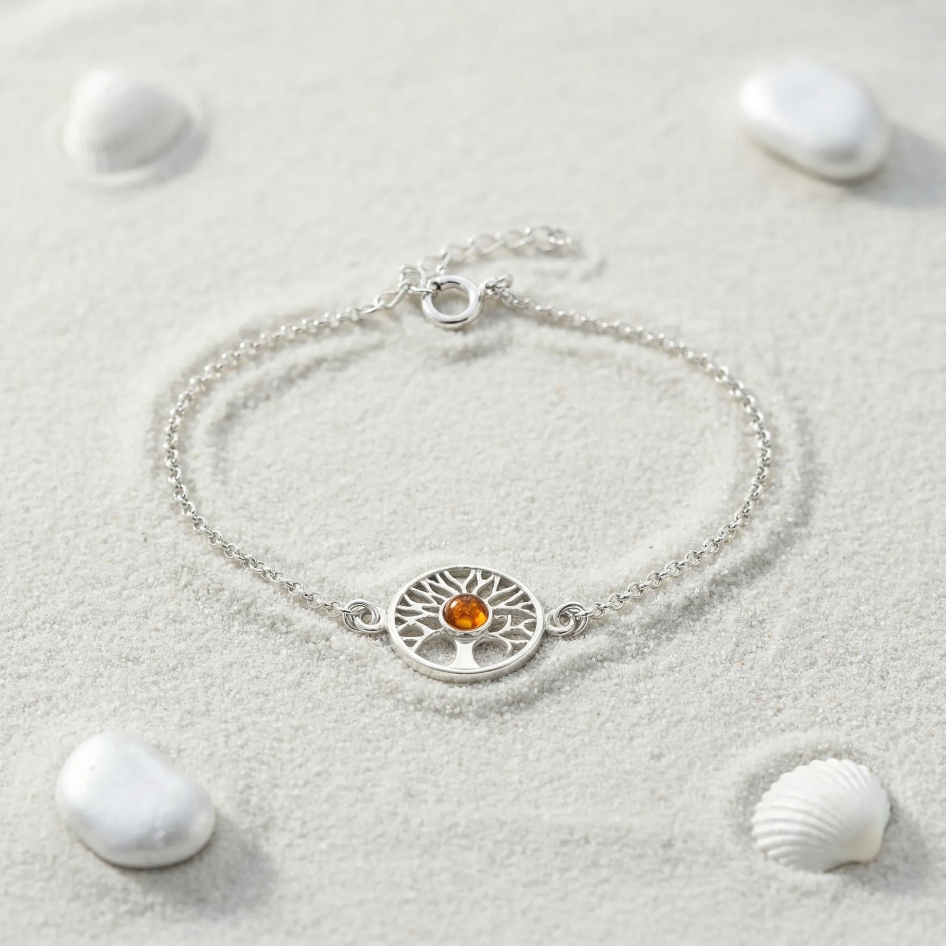 Bracelet ambre cognac arbre de vie 17 cm argent rhodié 925 - zoom