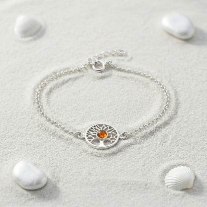 Bracelet ambre cognac arbre de vie 17 cm argent rhodié 925 - zoom