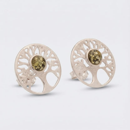 Boucles d'oreilles arbre de vie ambre vert modèle 1KVR
