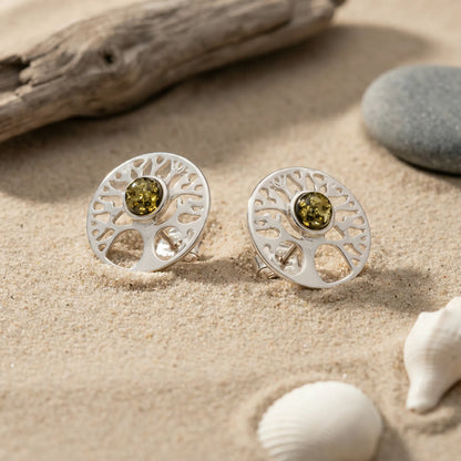 Boucles d'oreilles arbre de vie ambre vert modèle 1KVR - zoom
