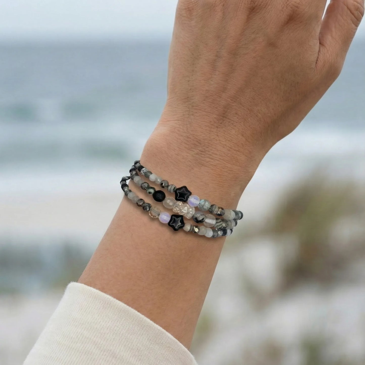 AMSTERDAM - Bracelet femme 3 rangs onyx noir - porte