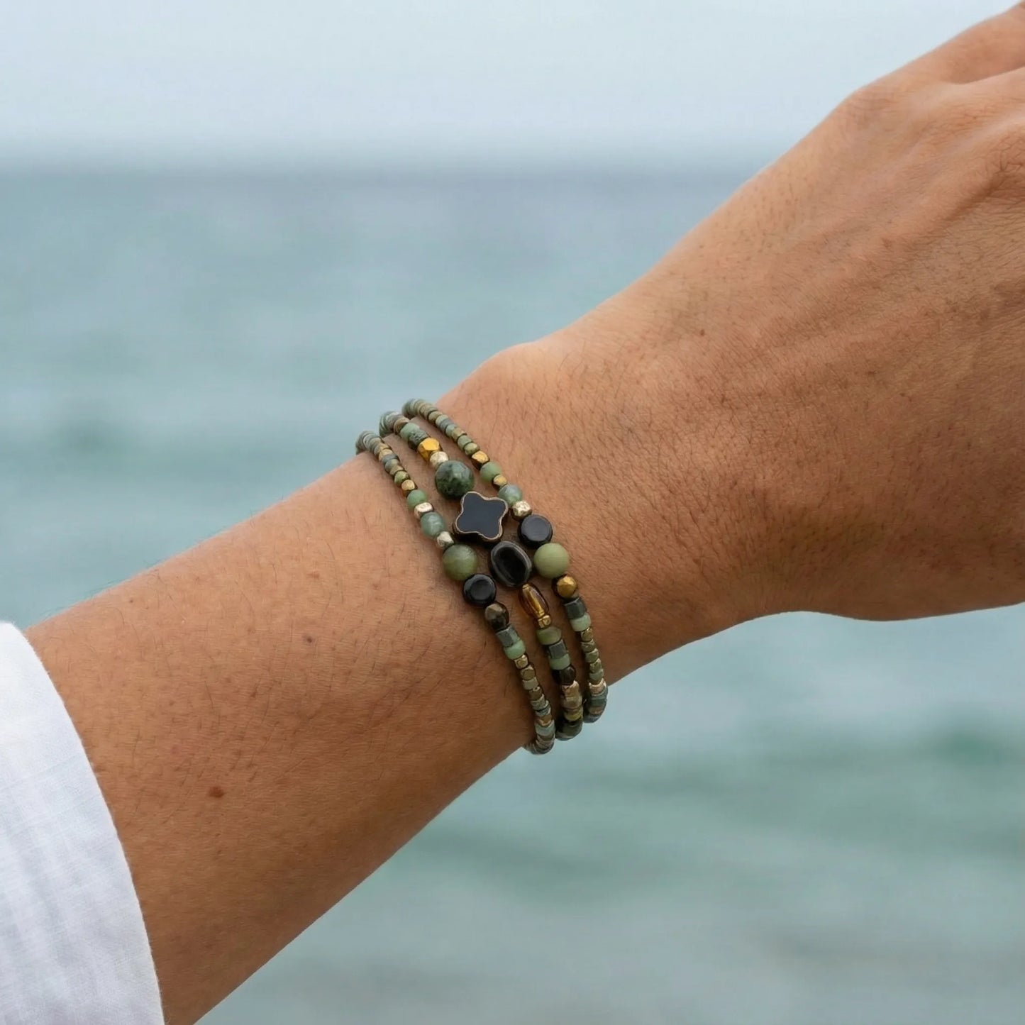 KYOTO - Bracelet femme 3 rangs aventurine verte - porte