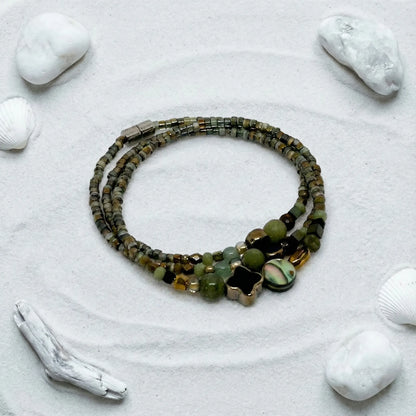 KYOTO - Bracelet femme 3 rangs aventurine verte - zoom