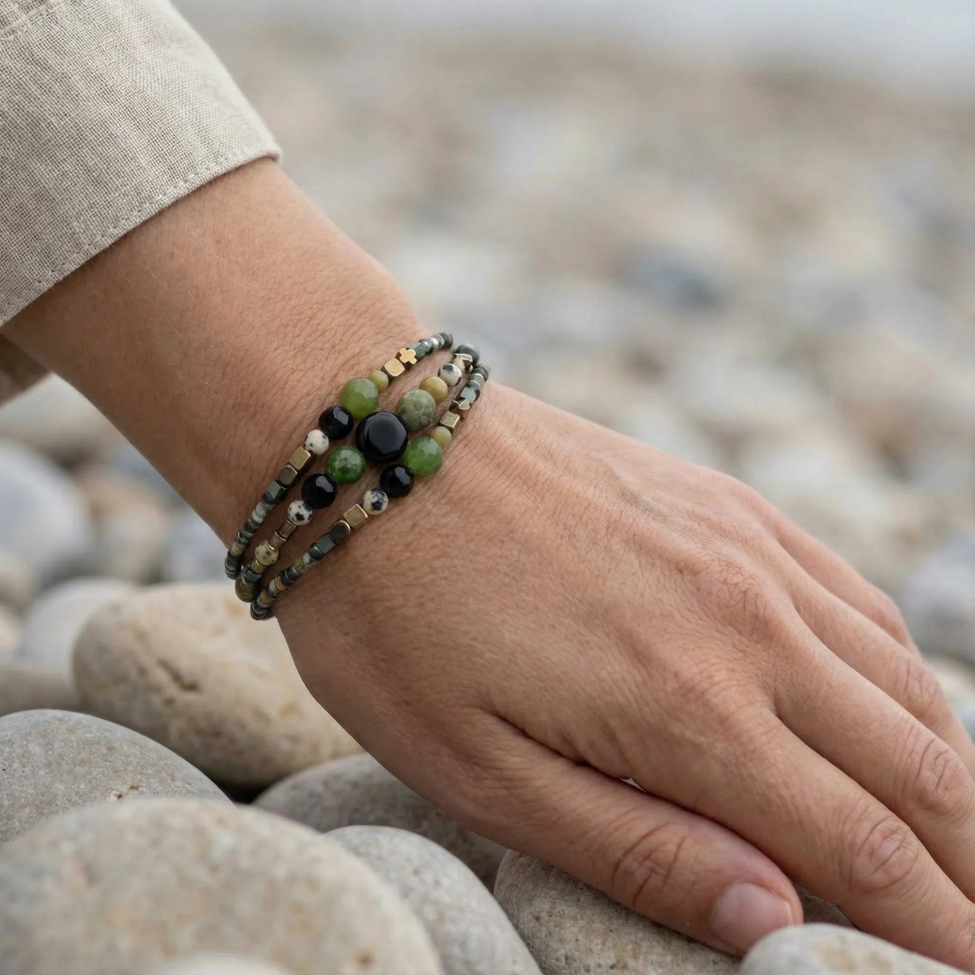 SA PA - Bracelet femme 3 rangs jade vert - porte