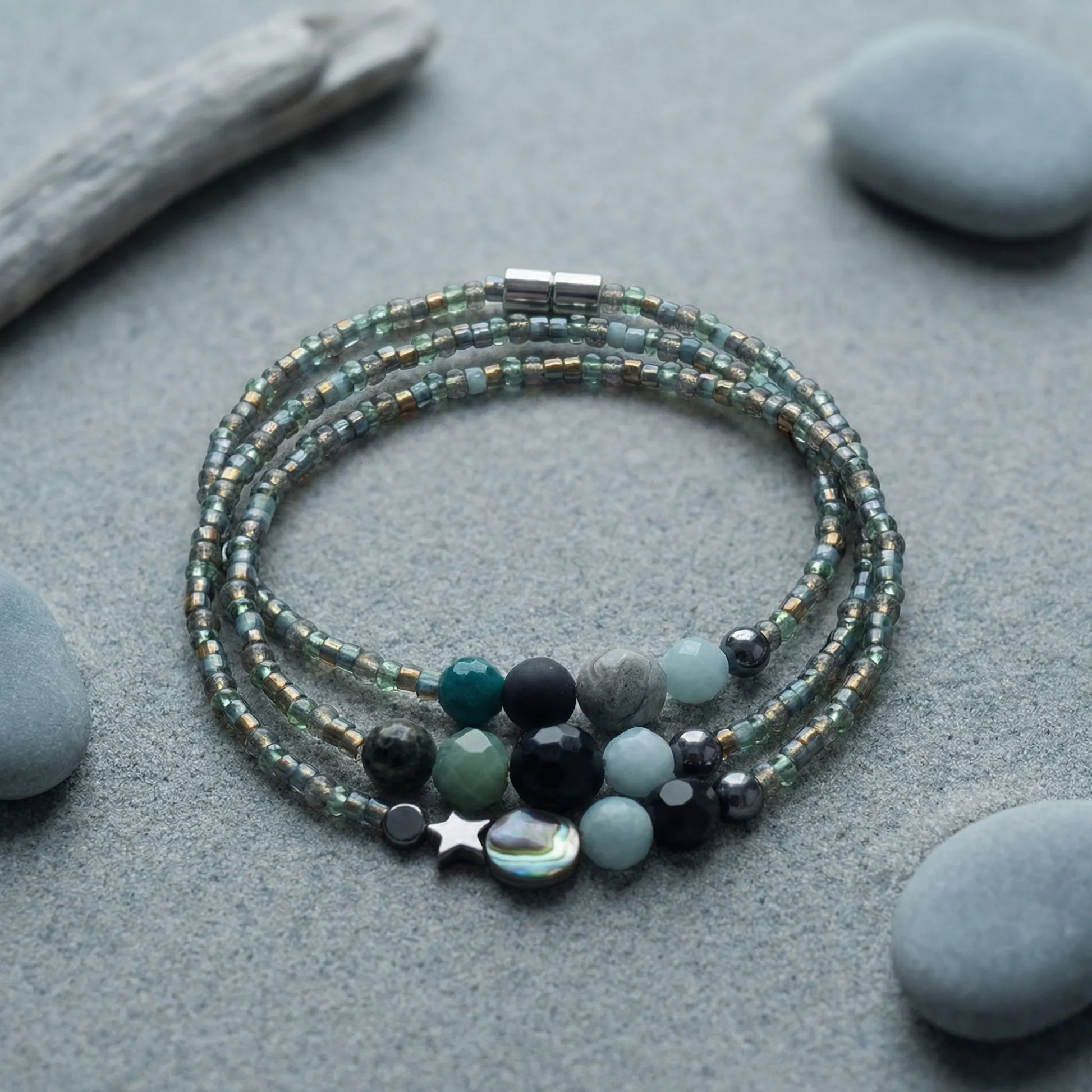 CANBERRA - Bracelet femme 3 rangs jade vert - zoom