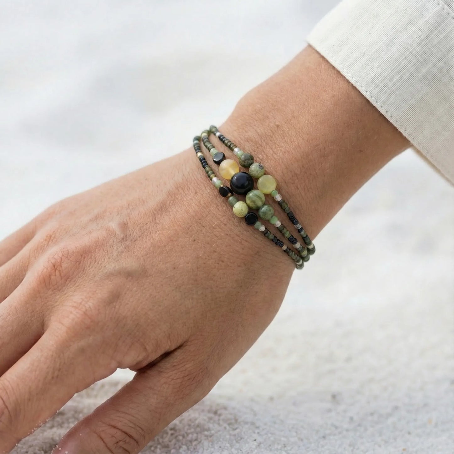 MANILLE - Bracelet femme 3 rangs jade vert - vue detail