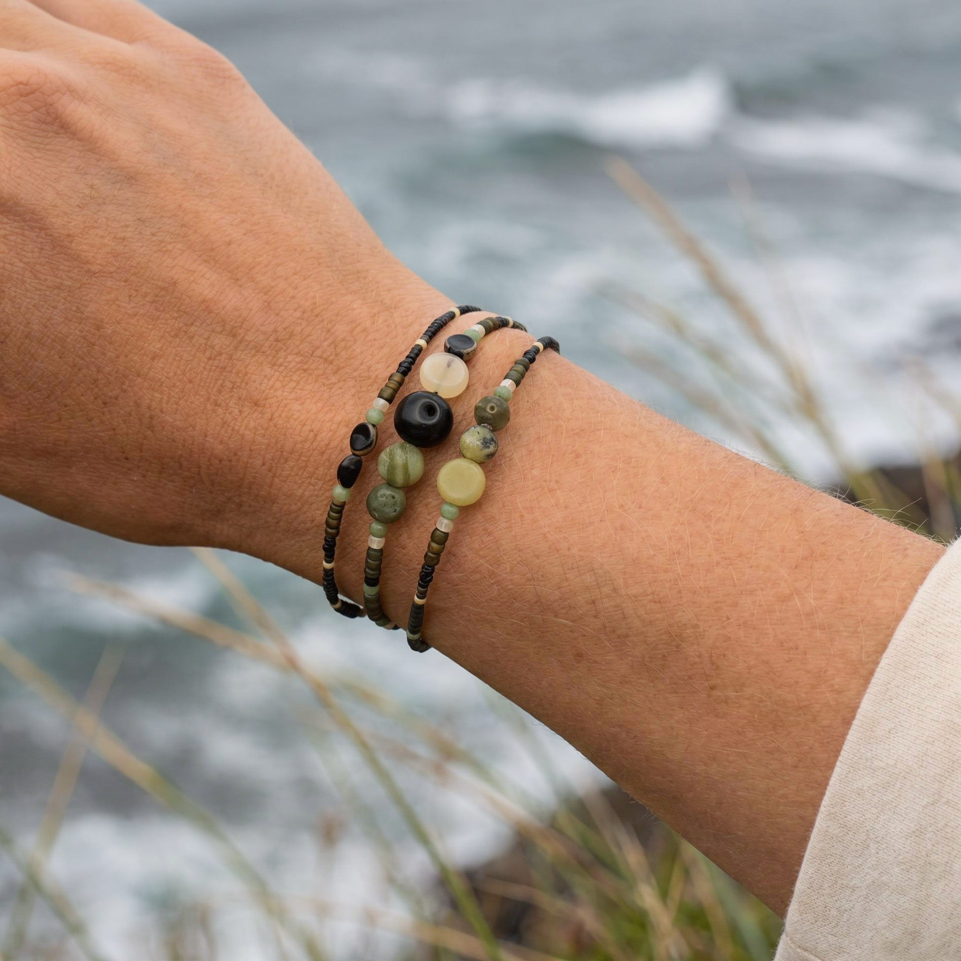 MANILLE - Bracelet femme 3 rangs jade vert - porte