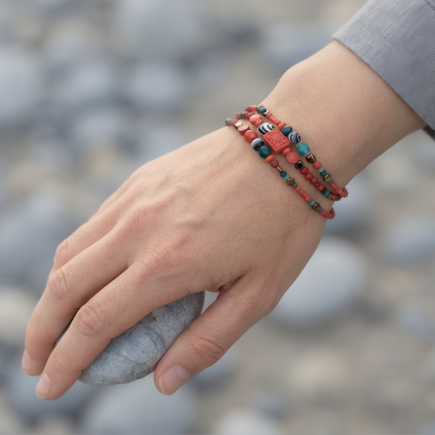 PRETORIA - Bracelet femme 3 rangs agate verte - vue detail