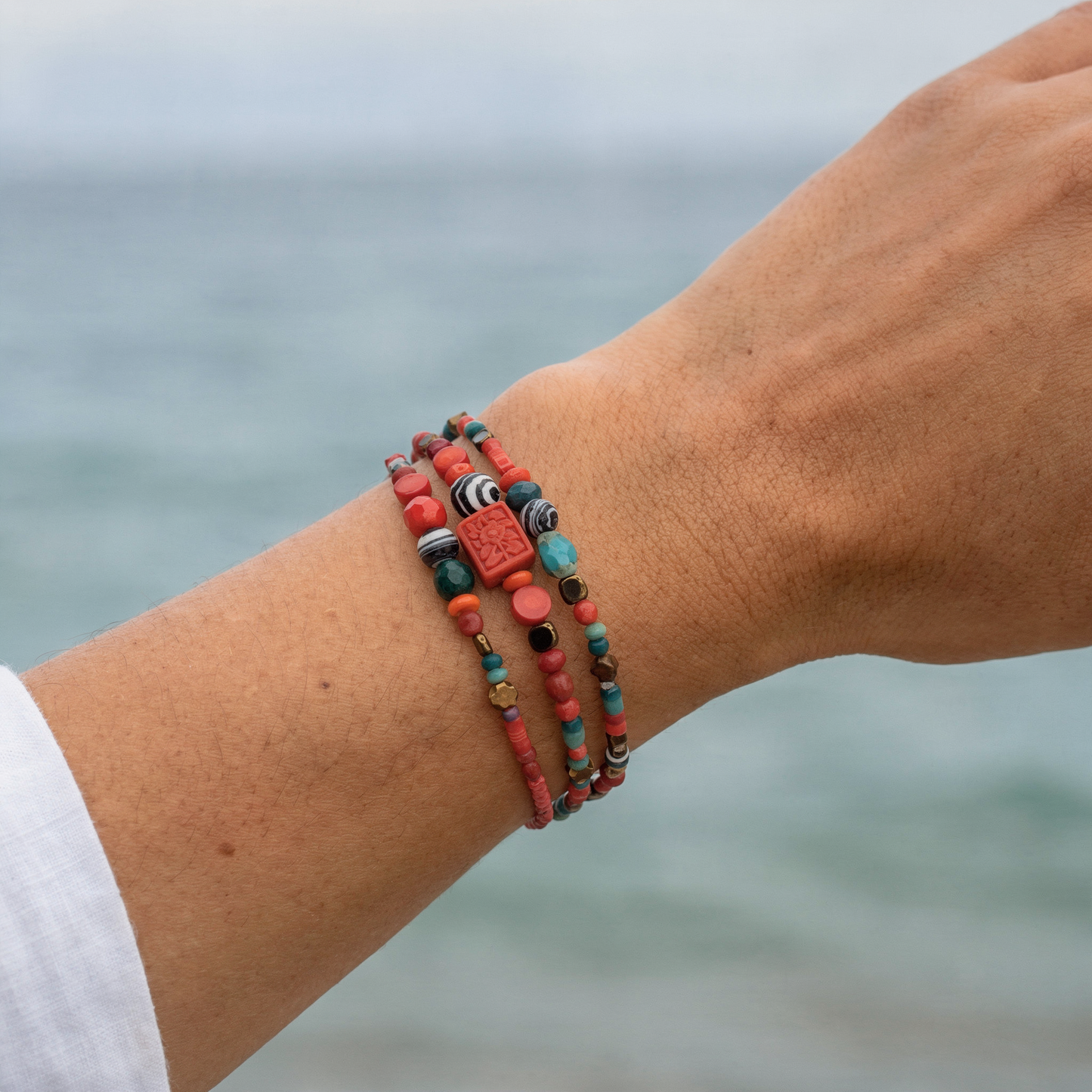 PRETORIA - Bracelet femme 3 rangs agate verte - porte