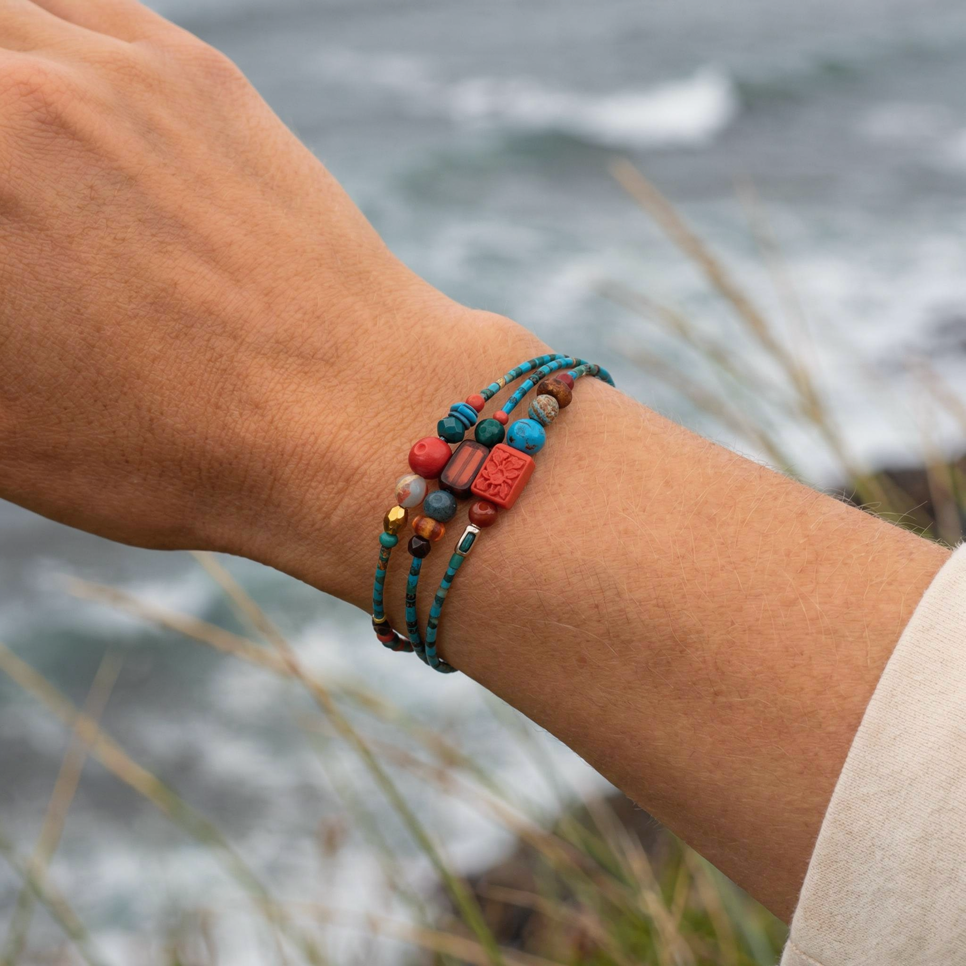 DAKAR - Bracelet femme 3 rangs jaspe rouge - vue detail