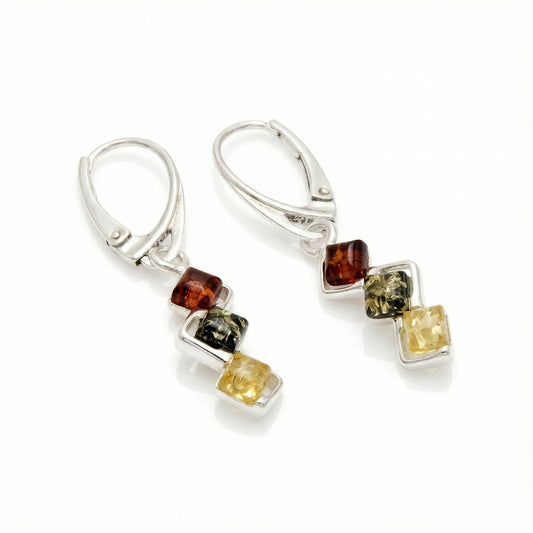 Boucles d'oreilles ambre multicolore pendantes argent