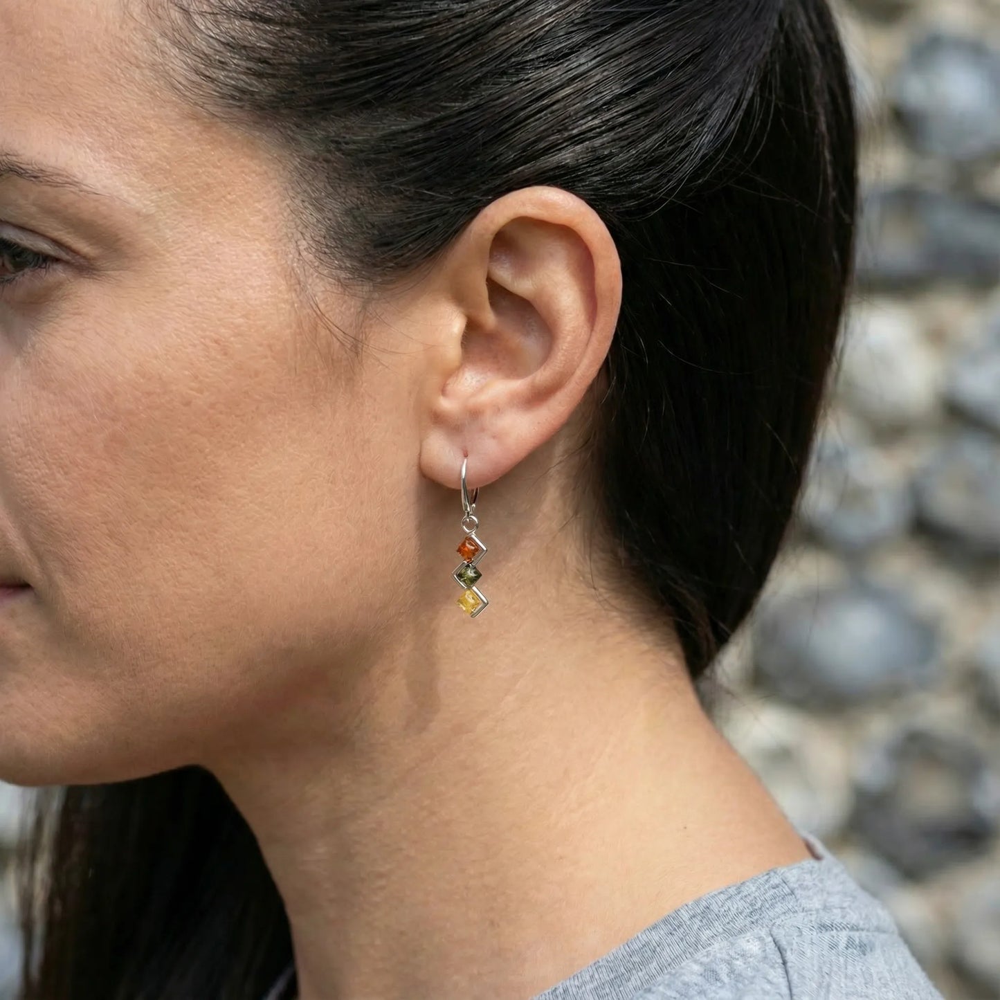 Boucles d'oreilles ambre multicolore pendantes argent - porte