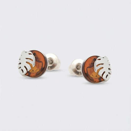 Boucles d'oreilles ambre cognac naturel en argent rhodié 925