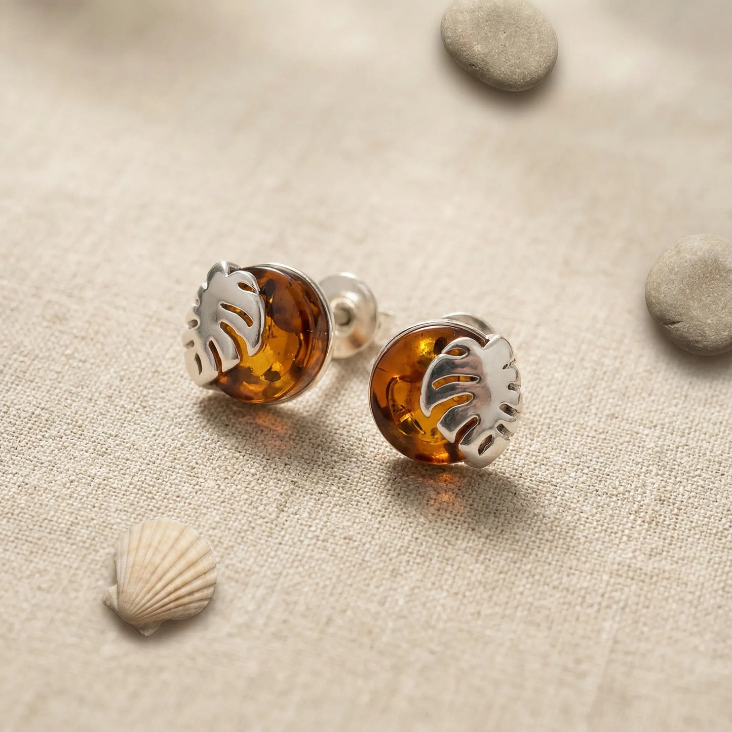 Boucles d'oreilles ambre cognac modèle 9EOR argent rhodié - zoom