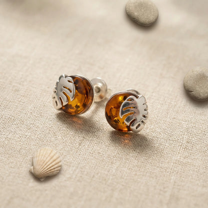 Boucles d'oreilles ambre cognac modèle 9EOR argent rhodié - zoom