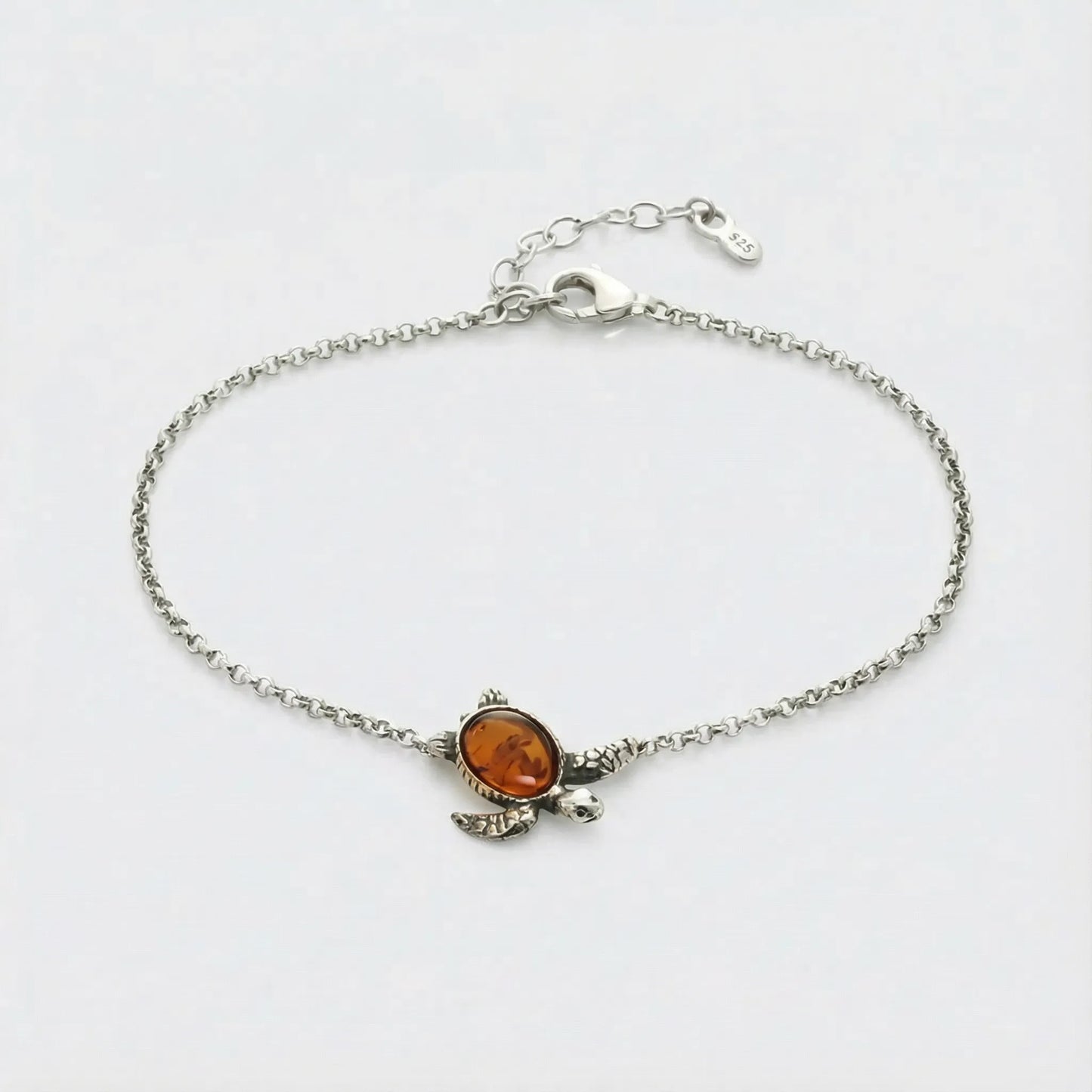 Bracelet tortue ambre cognac en argent vieilli 925