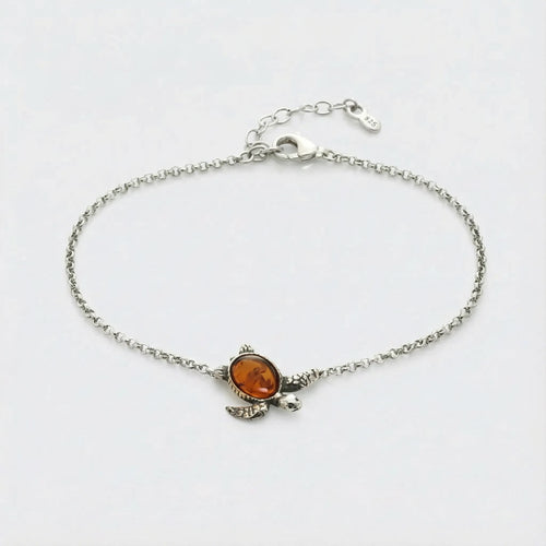 Bracelet tortue ambre cognac en argent vieilli 925