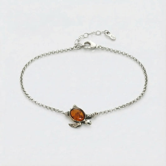 Bracelet tortue ambre cognac en argent vieilli 925