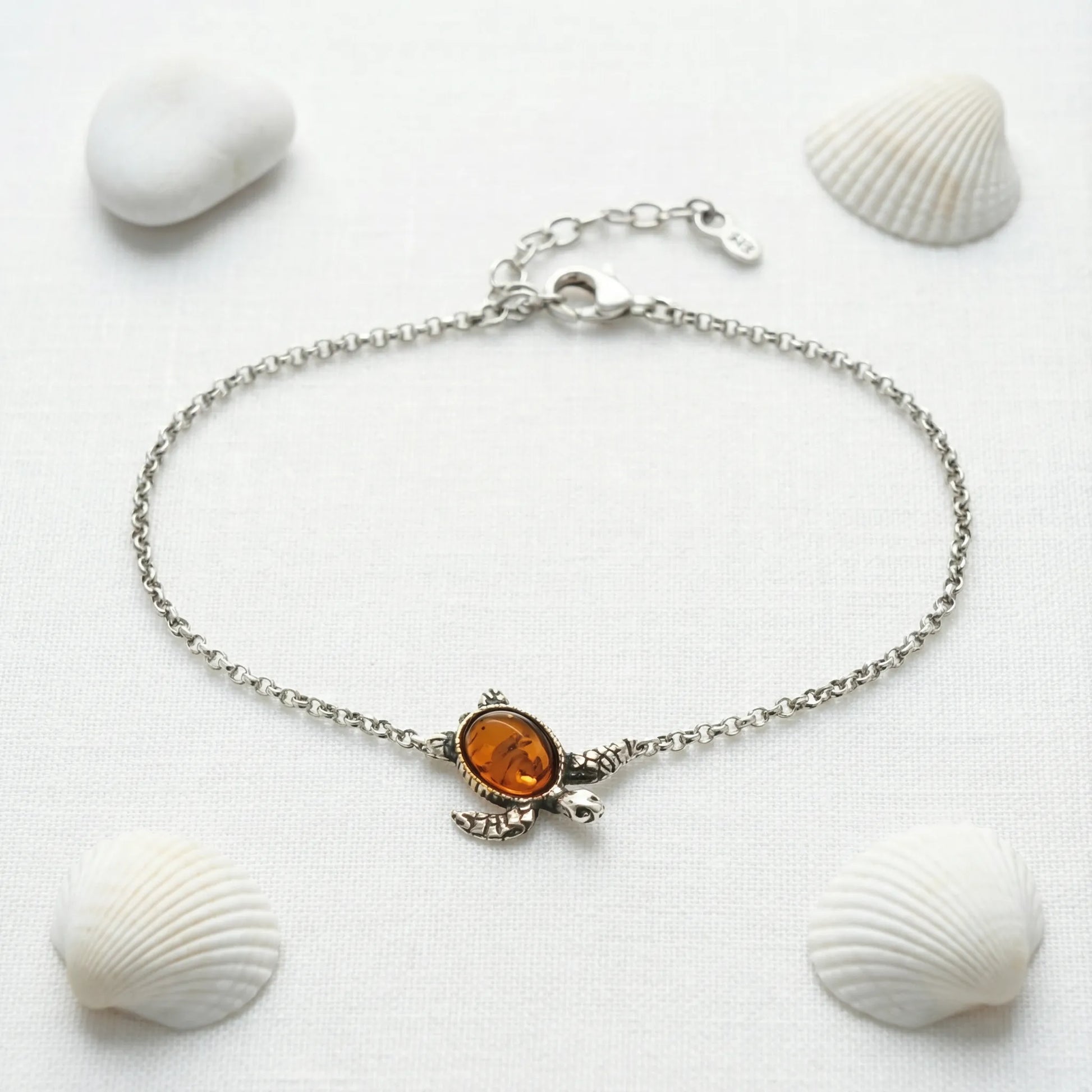 Bracelet tortue ambre cognac en argent vieilli 925 - zoom