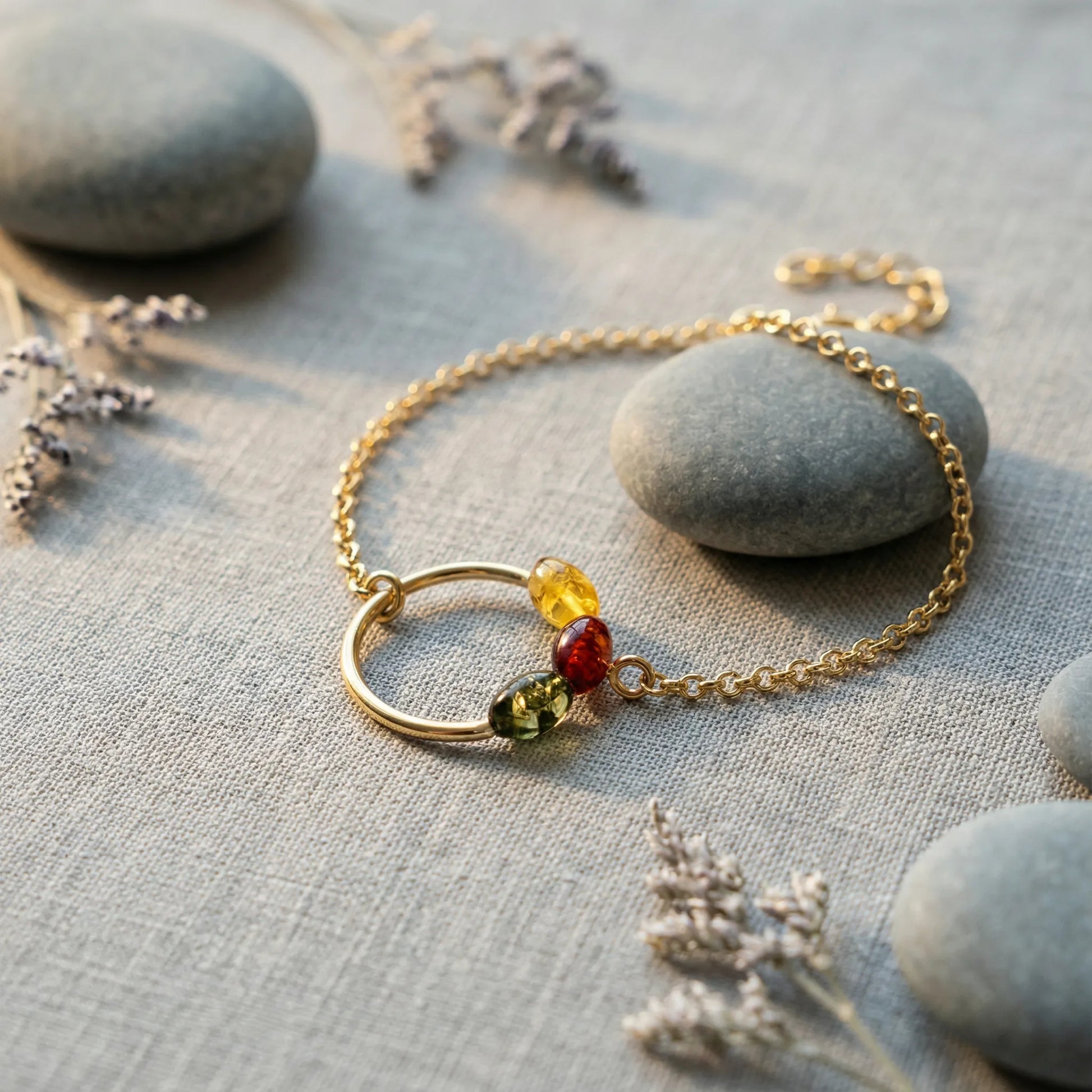 Bracelet ambre multicolore navette argent doré 925 modèle - zoom